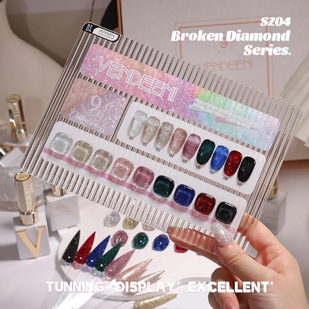 Vendeeni 9 Colors/Set Glitter Broken Diamond Gel Nail Polish UV LED Soak Off Gel Lacquer Green Purple Red Flash Gel With Display