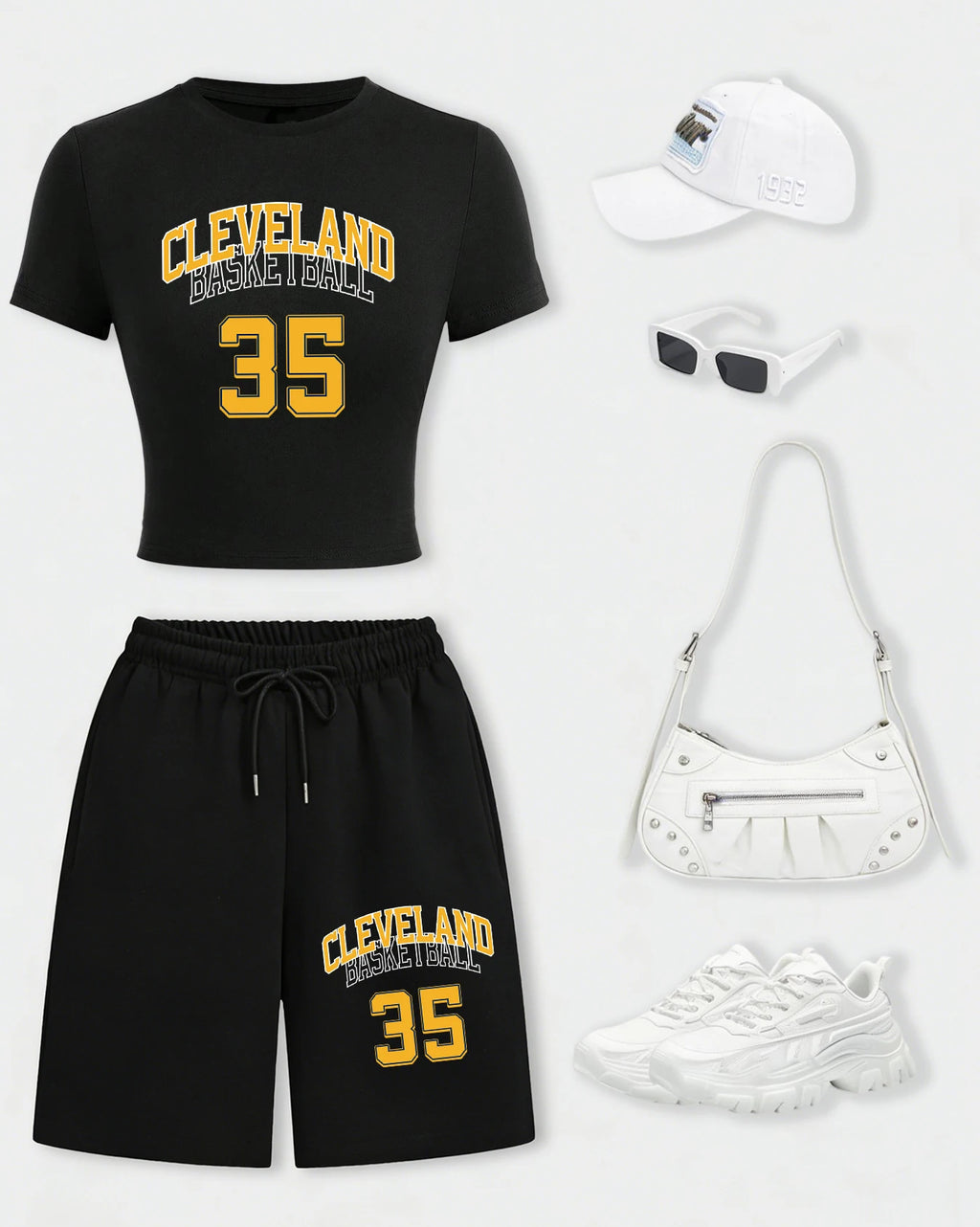 Cleveland Basketball 35 Women Crop T Shirts Set Casual Cotton T-Shirt Drawstring Summer Pocket Pant Wide-Leg Short Pants