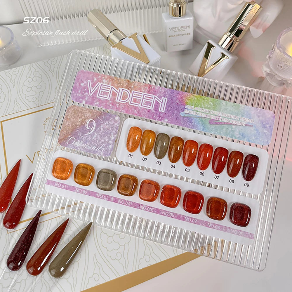 Vendeeni 9 Colors/Set Glitter Broken Diamond Gel Nail Polish UV LED Soak Off Gel Lacquer Green Purple Red Flash Gel With Display