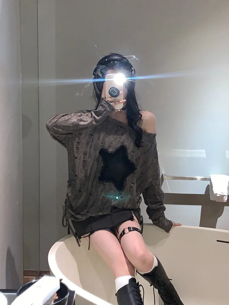 Fashion Streetwear Kpop Pullover Tops Hole Star Loose Y2K T-Shirt for Women O-Neck Drawstring Long Sleeve Top