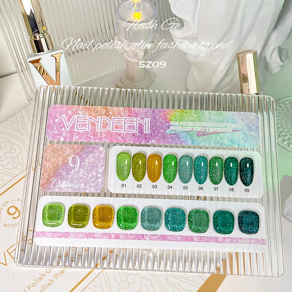Vendeeni 9 Colors/Set Glitter Broken Diamond Gel Nail Polish UV LED Soak Off Gel Lacquer Green Purple Red Flash Gel With Display
