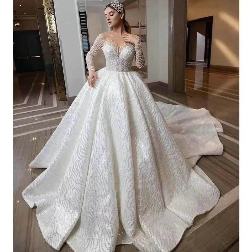 Luxury Sweetheart Sparkling Wedding Dress Elegant Long Sleeve A-line Princess Prom Dresses Floor Down Custom Bridal Dress