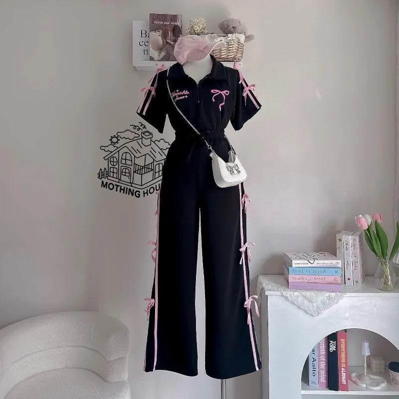 Sweet Suit Women's Summer New Bow-tie Printed POLO Shirt Short-sleeved Wide-leg Trousers Two-piece Set