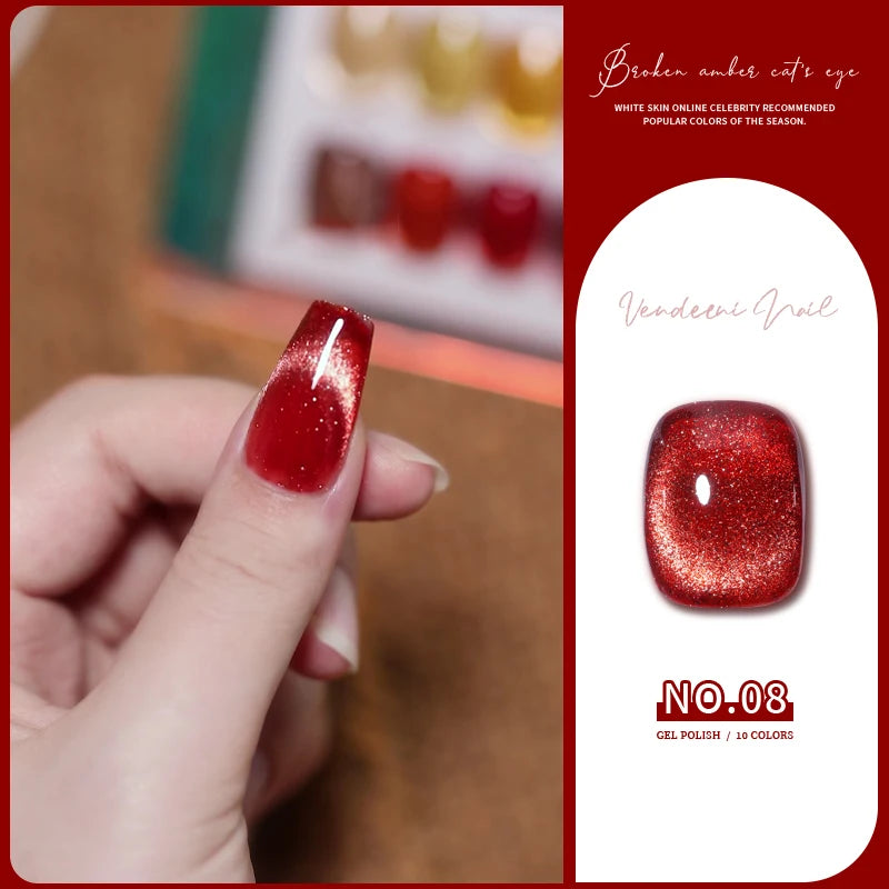 Vendeeni 10 Colors Amber Broken Diamond Cat Eye Gel Nail Polish Glitter Magnetic UV Soak Off Gel Varnish Reflective Gel Lacquer