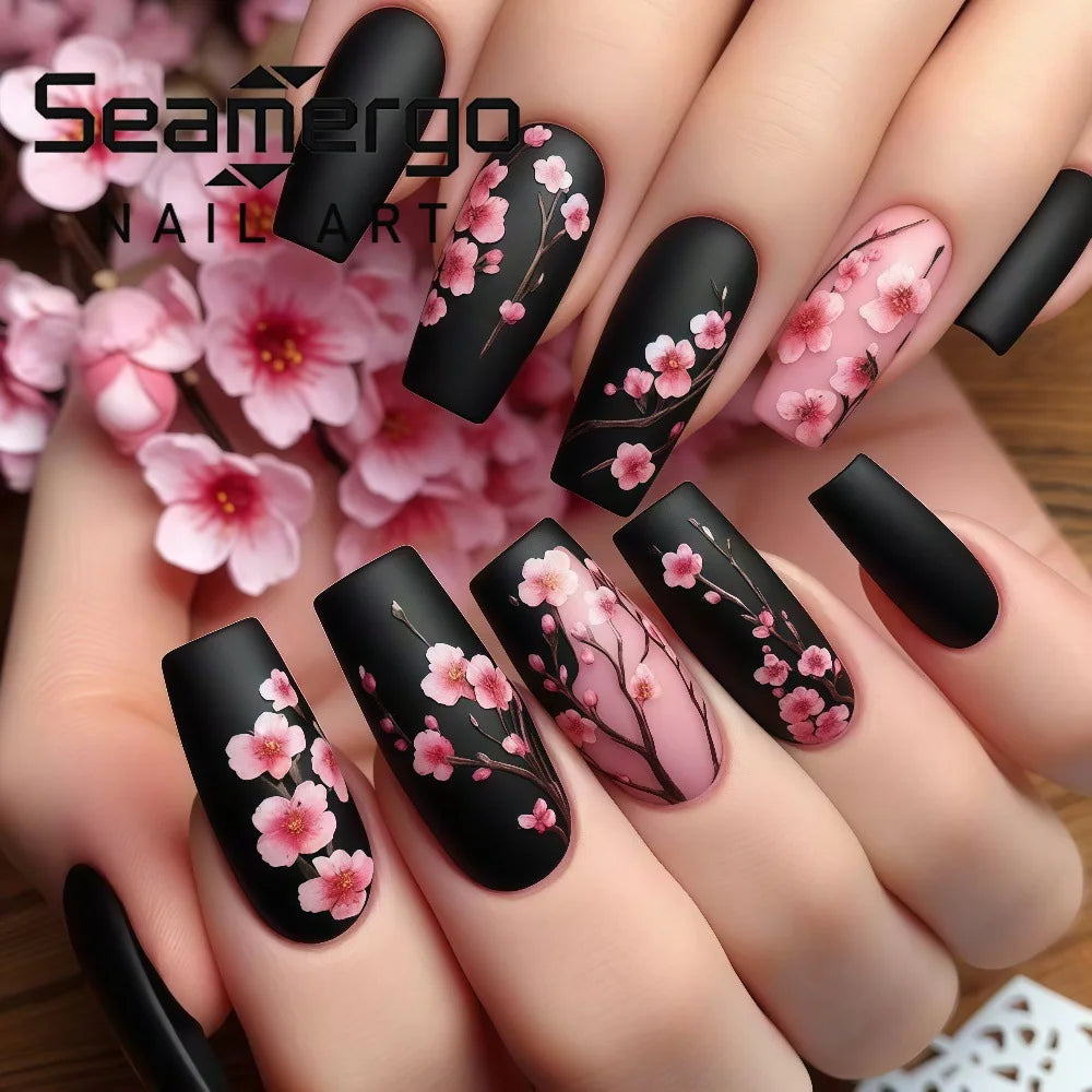 24PCS Gentle Matte Cherry Blossom Fake Nails Ballet Press on Nails Hand Painted European American Design Ins Style False Nails