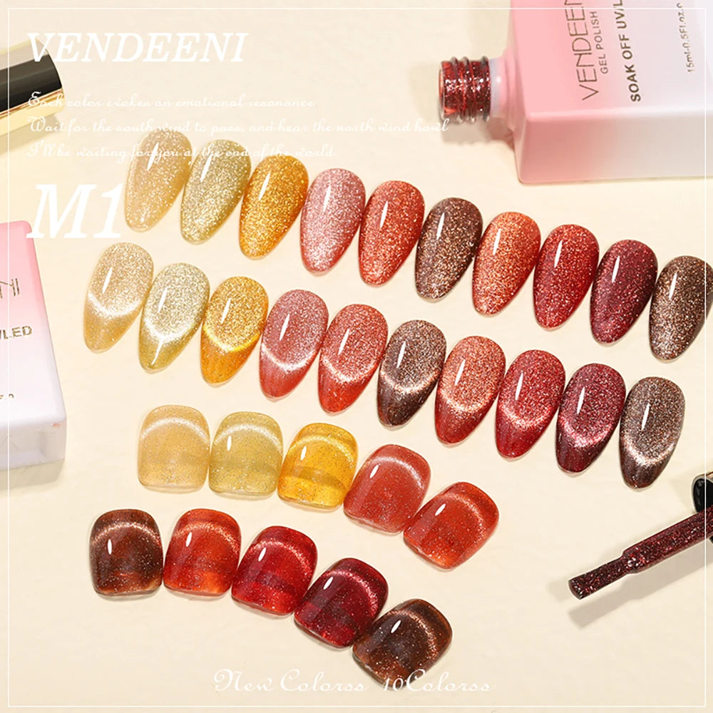 Vendeeni 10 Colors Amber Broken Diamond Cat Eye Gel Nail Polish Glitter Magnetic UV Soak Off Gel Varnish Reflective Gel Lacquer