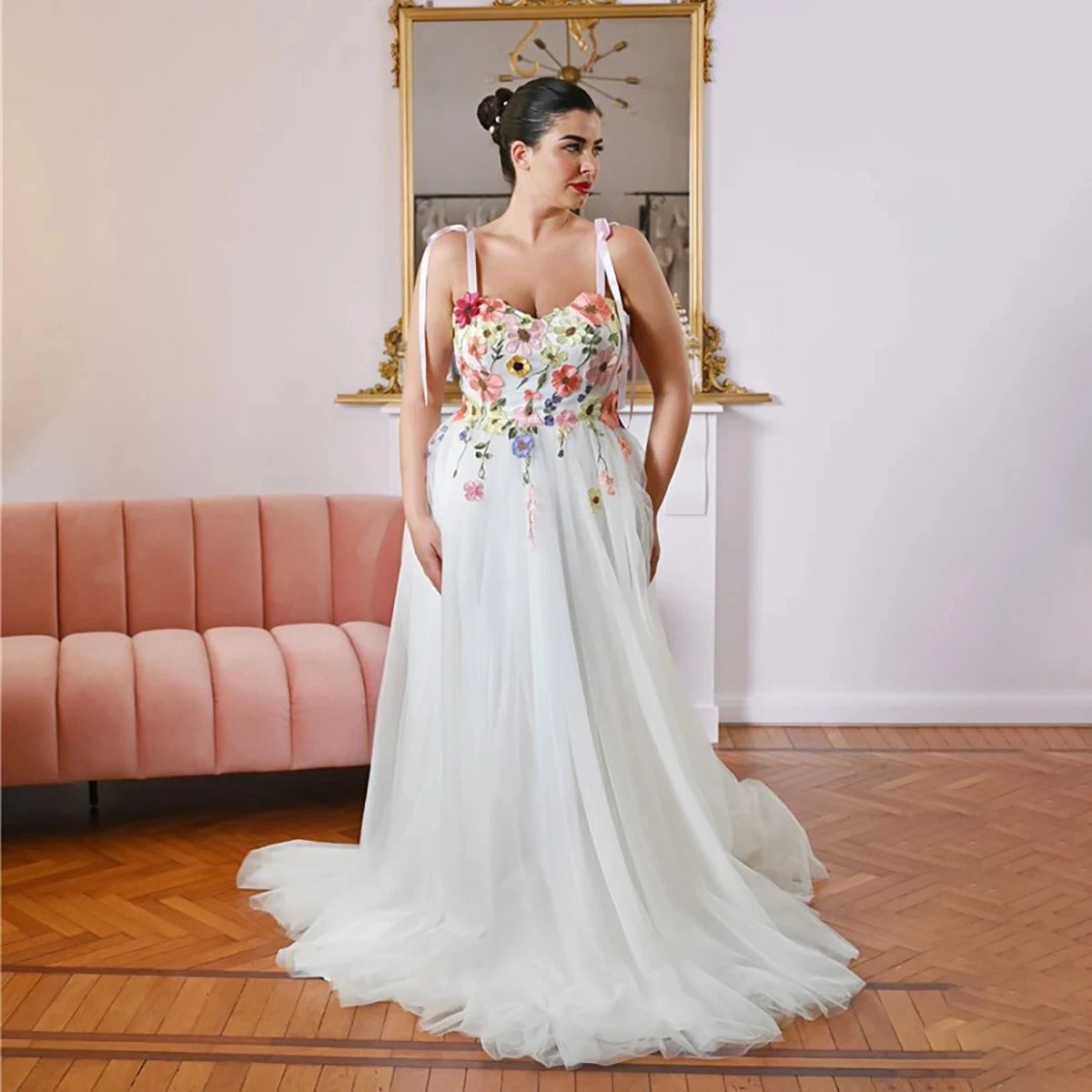 Stunning Colorful Wedding Dress Romantic 3D Flowers Bridal Gown Spaghetti Straps Tulle A Line Floral Bridal Dress TSWD525