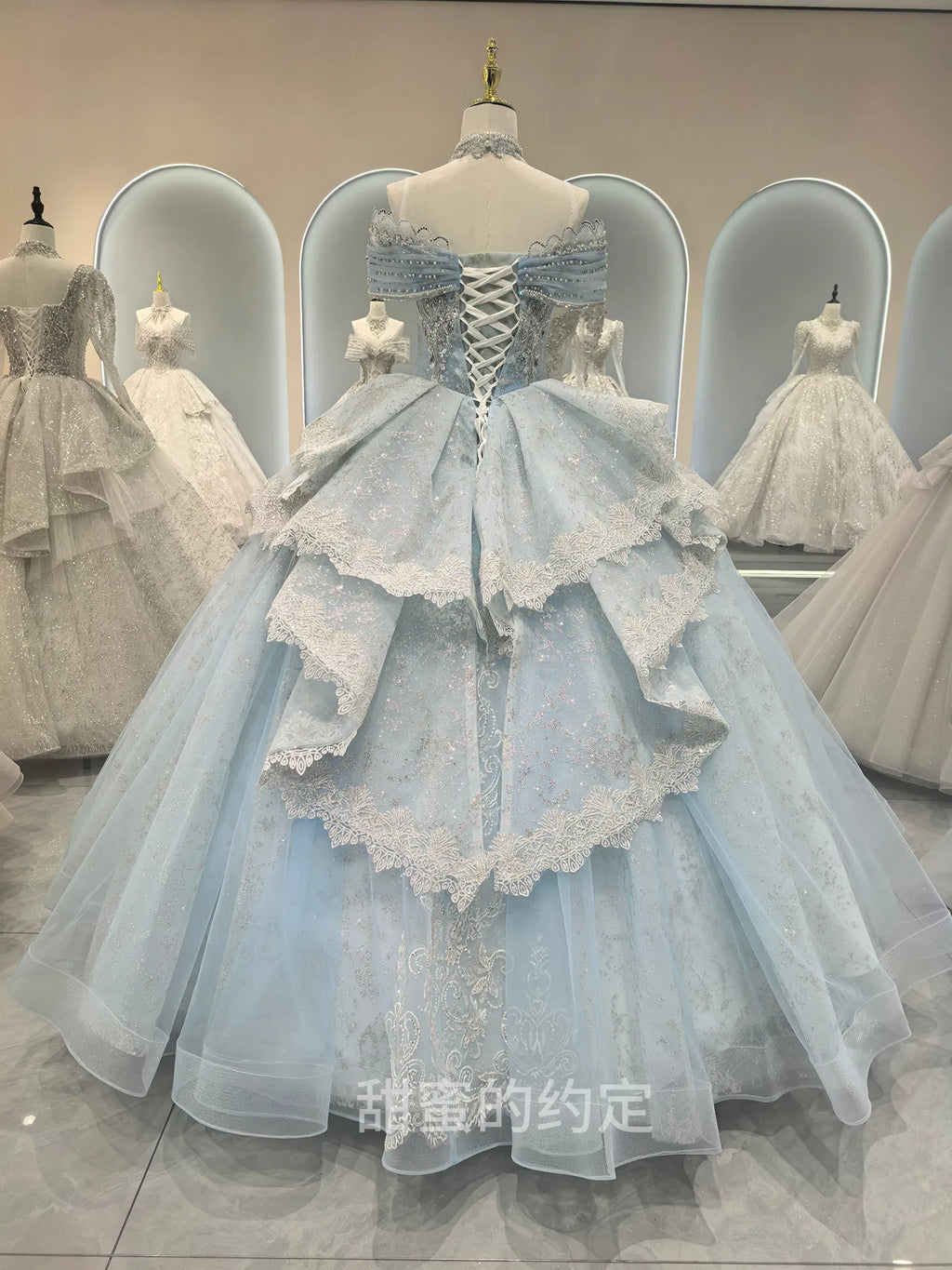 It's Yiiya High Quality Wedding Dress Sky blue Beads Off shoulder Princess Floor Length Plus size Customized Bride Gowns CC001