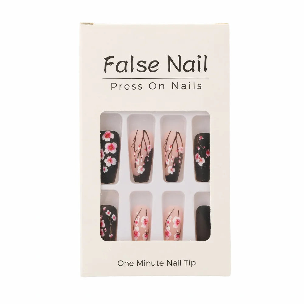 24PCS Gentle Matte Cherry Blossom Fake Nails Ballet Press on Nails Hand Painted European American Design Ins Style False Nails