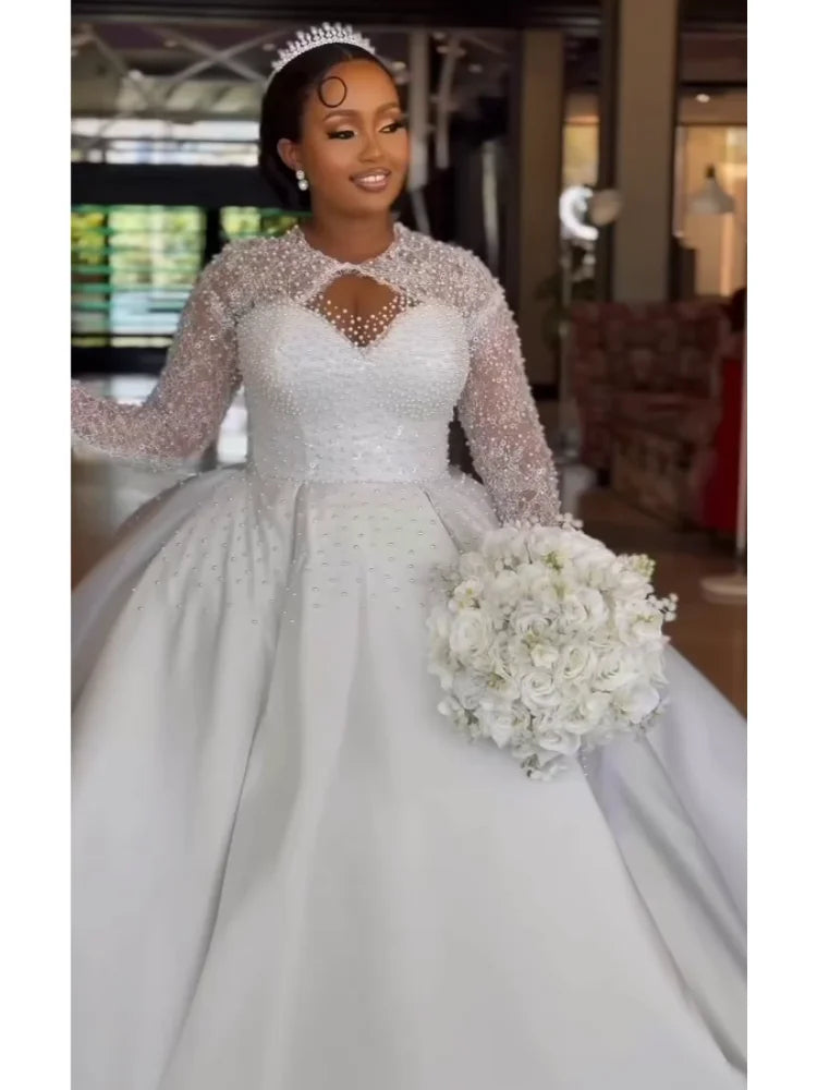 Customized 2026 Large Skirt Wedding Dress Brown Skin Satin Long Sleeved Pearl Lace Puffy Dress Vestido De Novia Wedding Dress