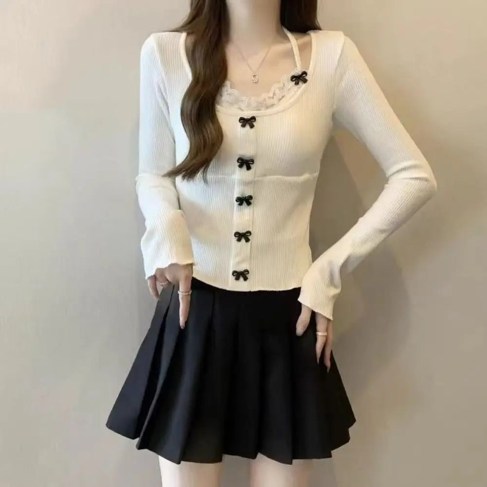 Lace Tied Up Long Sleeved T Shirts Thin Strap Korean Style Y2k Slim Neck Hanging Tank Top Suspender Bras Slim Fit