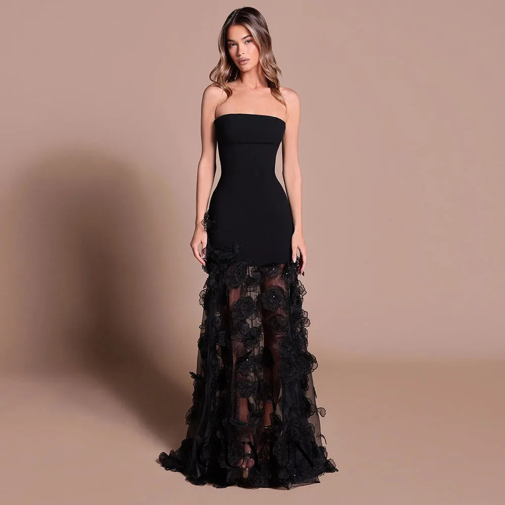 CUYUN Customized Luxury Flowers Prom Dresses Black Strapless Corset Back Evening Gown for Special Occasion Long Party Gown