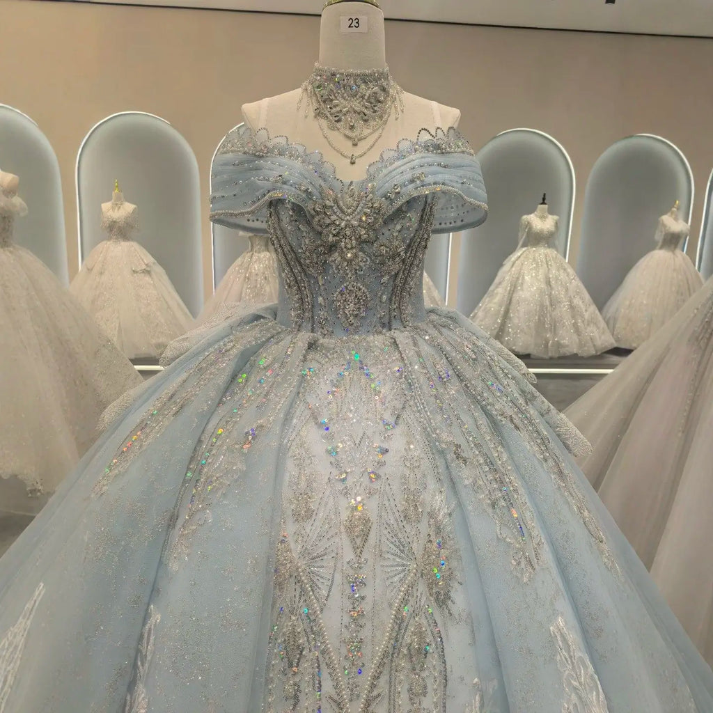 It's Yiiya High Quality Wedding Dress Sky blue Beads Off shoulder Princess Floor Length Plus size Customized Bride Gowns CC001