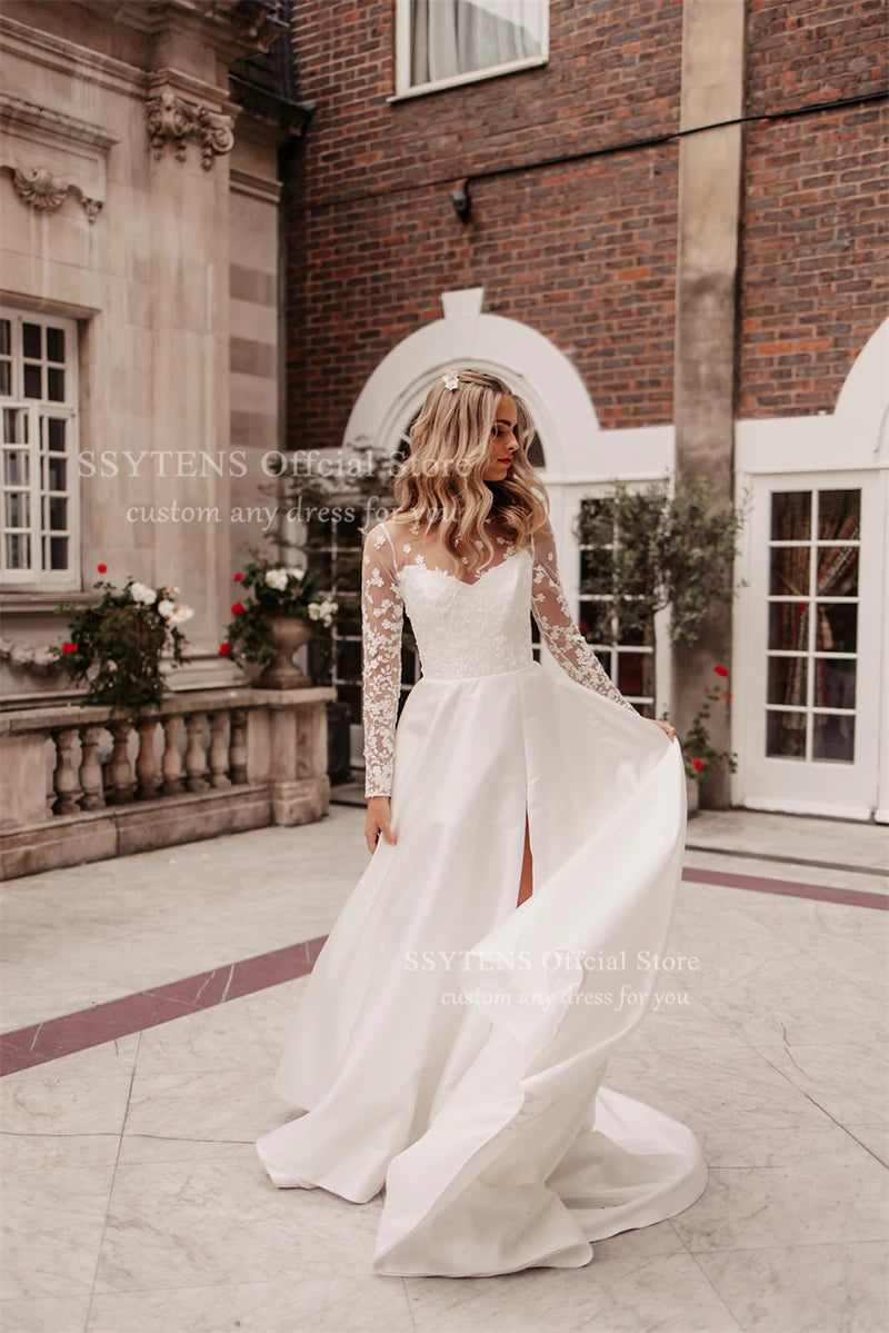 SSYTENS Elegant A Line Wedding Dresses White Appliques Bridal Gowns Illusion Long Sleeve Customized Corset Bride Dresses 2026