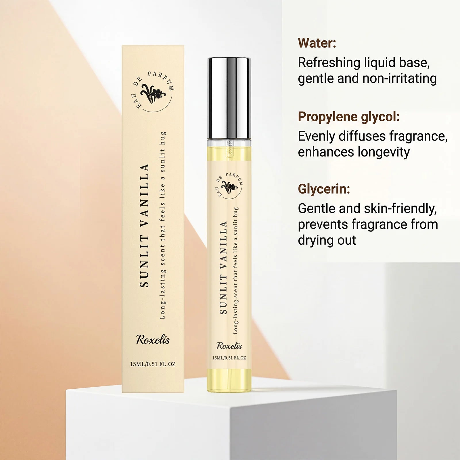 Roxelis 15ml Sunny Vanilla Fragrance Daily Commuting Lady Lasting Fragrance Fresh Healing Light Luxury Atmosphere Fragrance