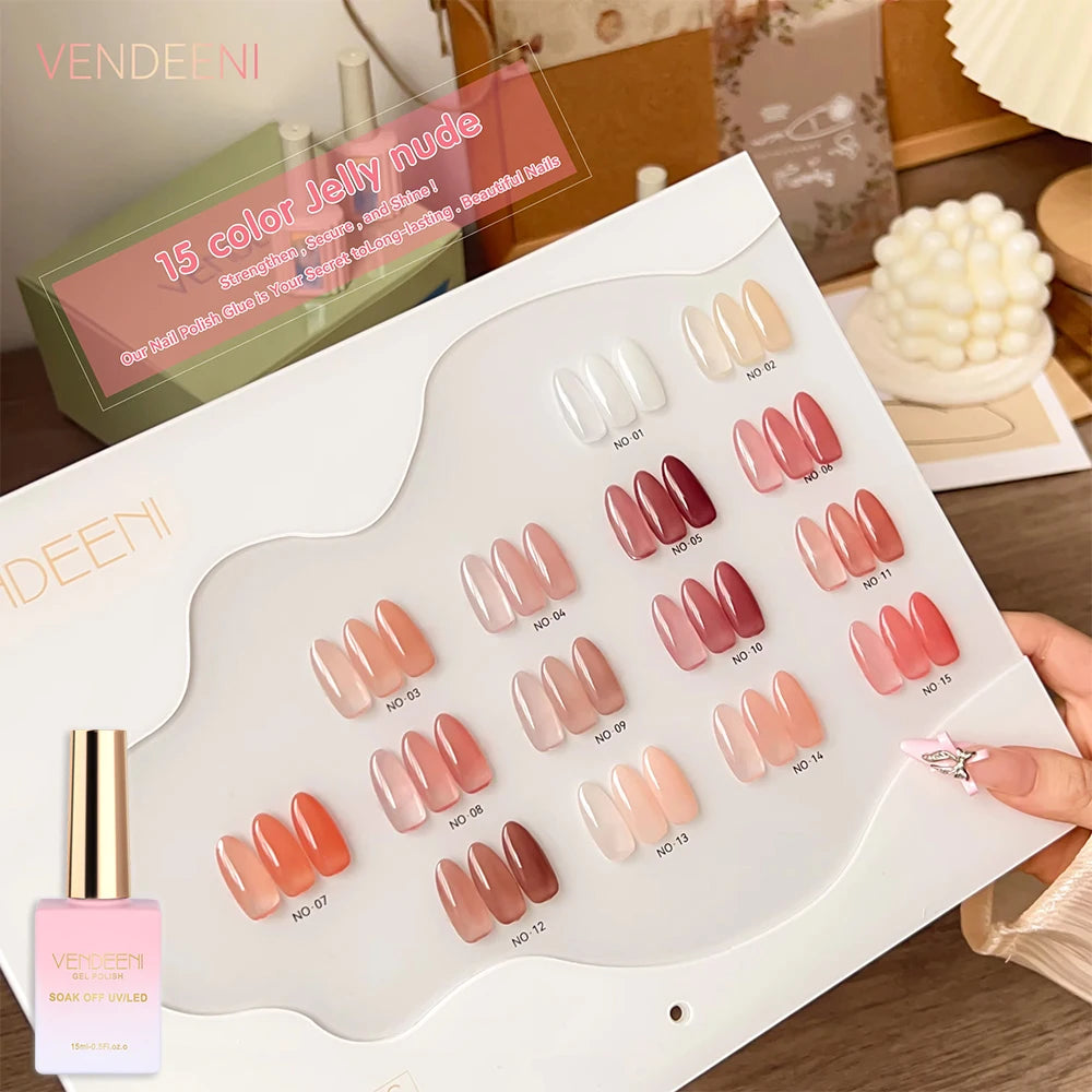 Vendeeni 15 Colors/Set Nude Pink Jelly Gel Nail Polish Transparent UV Soak Off Gel Varnish Skin Color Gel Lacquer With Display