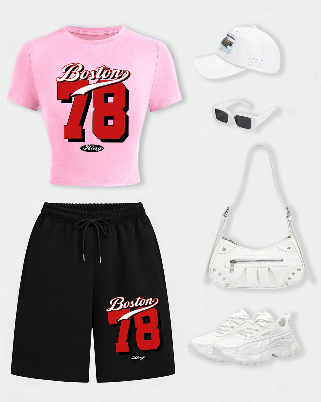 Boston Number 78 Design Womens Crop T Shirt Set Cotton Crewneck T-Shirts Pocket Summer Shorts Wide-Leg Drawstring Black Pant