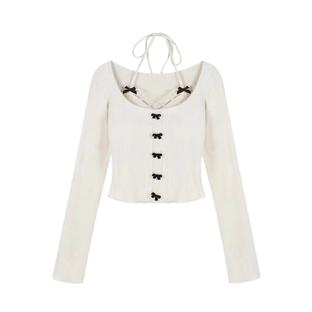 Lace Tied Up Long Sleeved T Shirts Thin Strap Korean Style Y2k Slim Neck Hanging Tank Top Suspender Bras Slim Fit