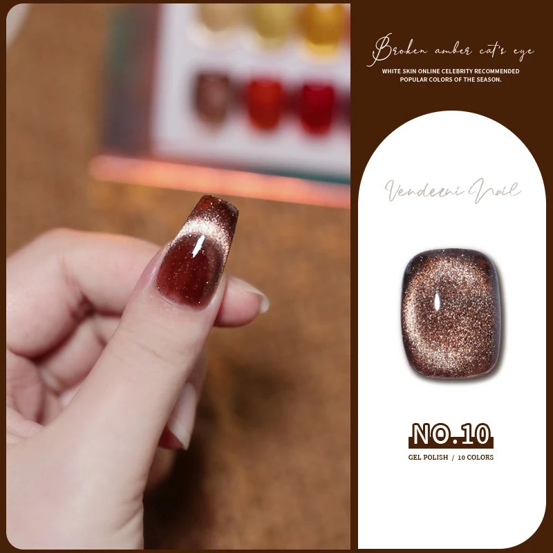Vendeeni 10 Colors Amber Broken Diamond Cat Eye Gel Nail Polish Glitter Magnetic UV Soak Off Gel Varnish Reflective Gel Lacquer