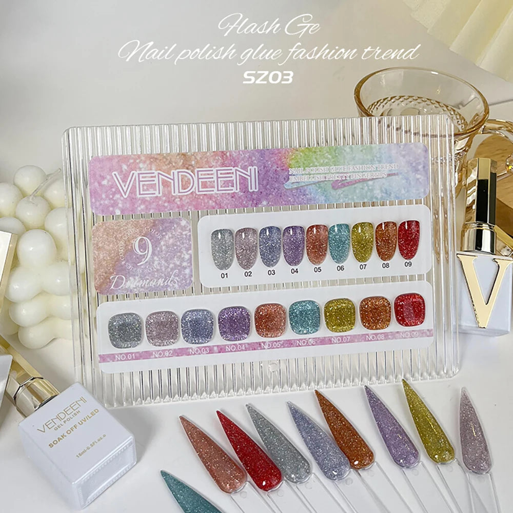 Vendeeni 9 Colors/Set Glitter Broken Diamond Gel Nail Polish UV LED Soak Off Gel Lacquer Green Purple Red Flash Gel With Display