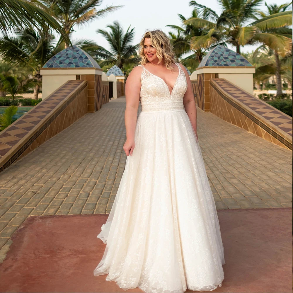 Sexy Wedding Dresses For Women Deep V-Neck Empire Lace Up Bride Gowns Tulle With Lace Applique A-Line Vestido De Roiva Plus Size