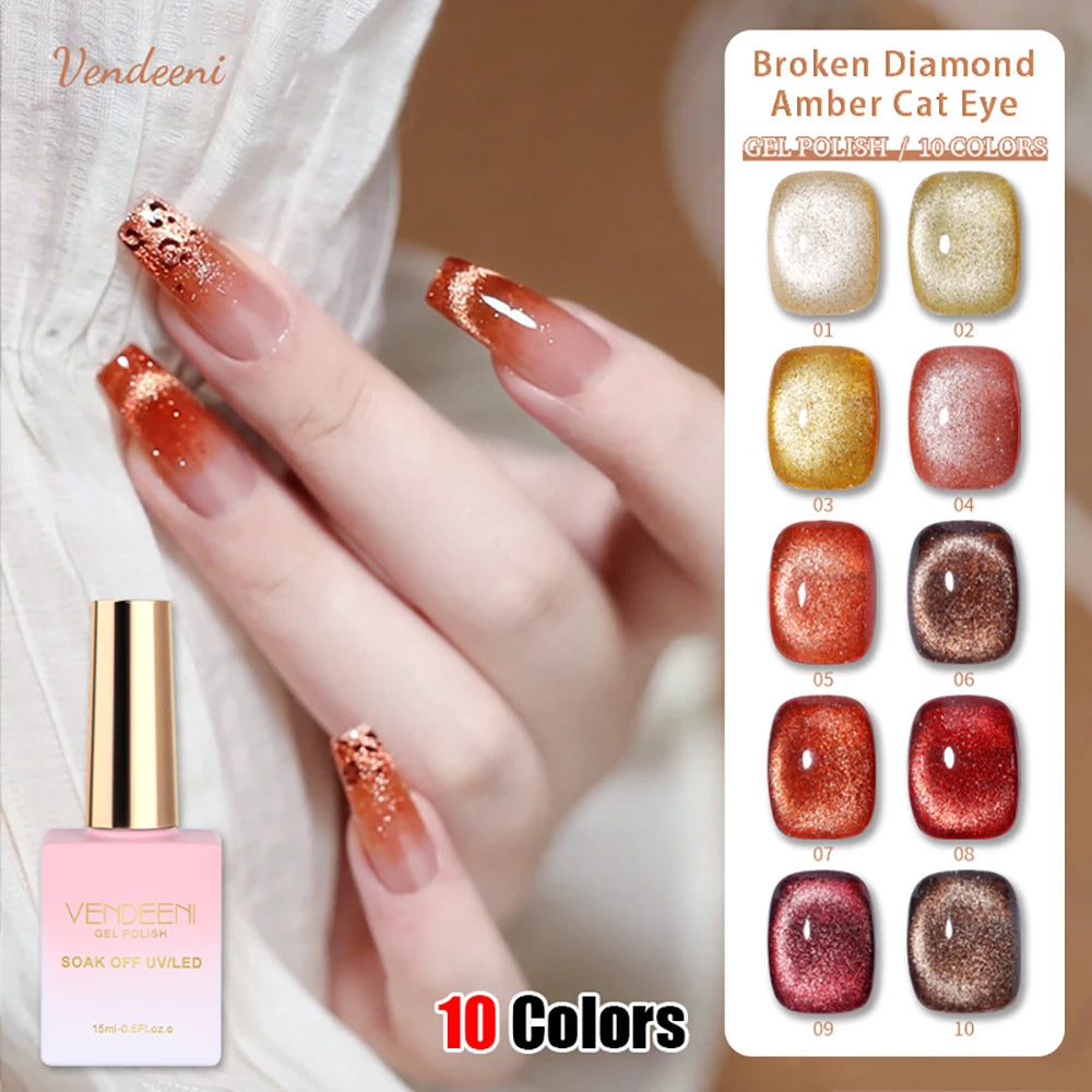 Vendeeni 10 Colors Amber Broken Diamond Cat Eye Gel Nail Polish Glitter Magnetic UV Soak Off Gel Varnish Reflective Gel Lacquer