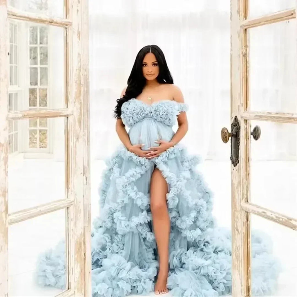 Maternity Dresses Customized Photoshoot Tiered Ruffles Pregnant Women Gowns Baby Shower Off Shoulder Front Slit Bridal Sleepwear