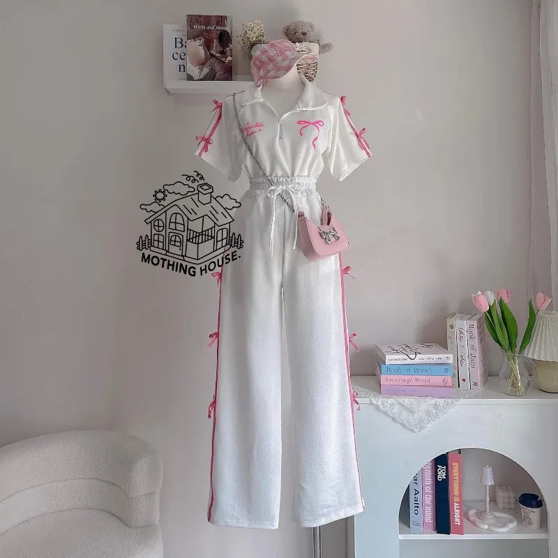 Sweet Suit Women's Summer New Bow-tie Printed POLO Shirt Short-sleeved Wide-leg Trousers Two-piece Set