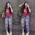 Retro Fashion Suit Women's Summer New Letter Printing Short-sleeved Milk Silk Wide-leg Pants Two-piece Set
