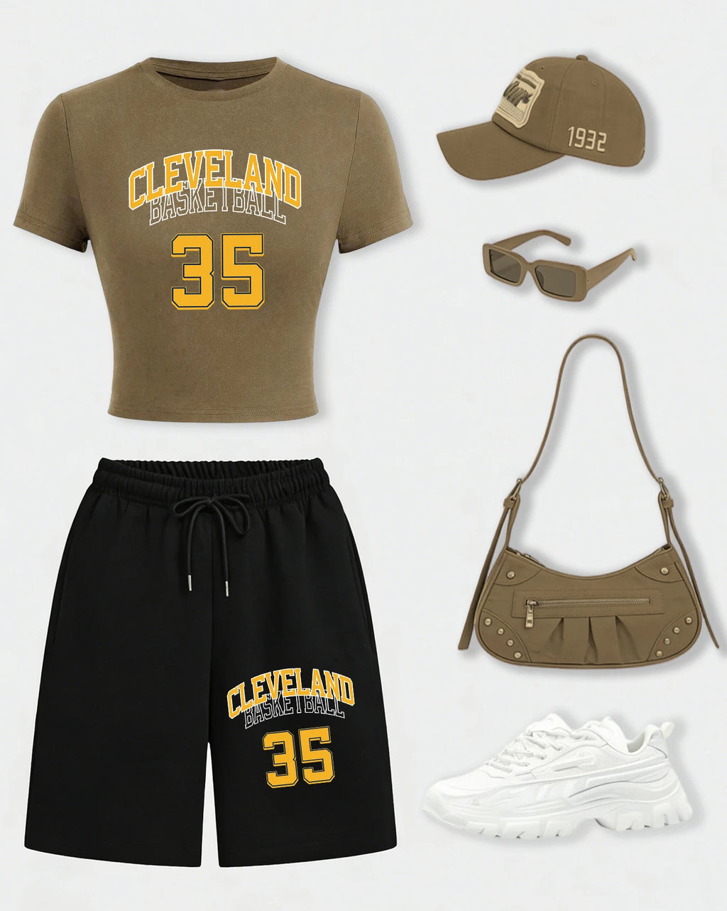 Cleveland Basketball 35 Women Crop T Shirts Set Casual Cotton T-Shirt Drawstring Summer Pocket Pant Wide-Leg Short Pants