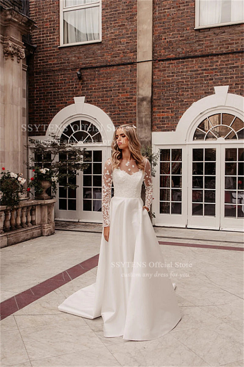 SSYTENS Elegant A Line Wedding Dresses White Appliques Bridal Gowns Illusion Long Sleeve Customized Corset Bride Dresses 2026
