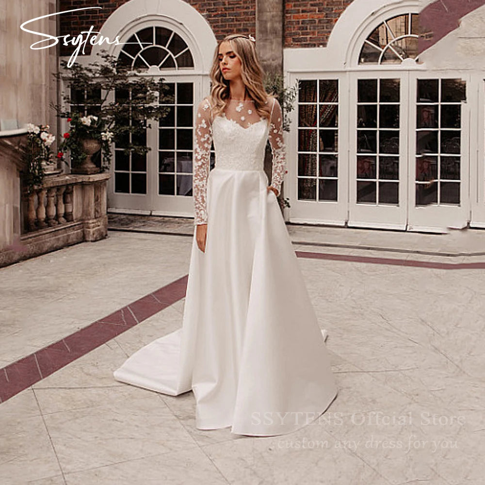SSYTENS Elegant A Line Wedding Dresses White Appliques Bridal Gowns Illusion Long Sleeve Customized Corset Bride Dresses 2026