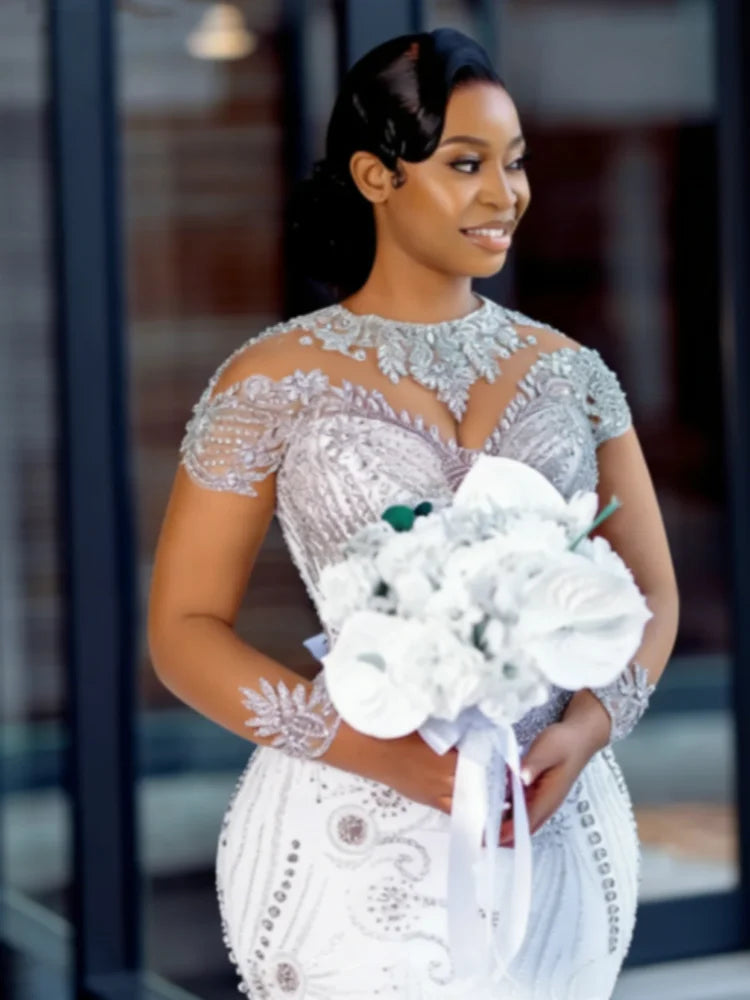 Customized 2026 Long Sleeves Mermaid Wedding Dress For Bride Marriage Organza Tiered Crystals Bead African Aso Ebi Bridal Gown