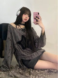 Fashion Streetwear Kpop Pullover Tops Hole Star Loose Y2K T-Shirt for Women O-Neck Drawstring Long Sleeve Top