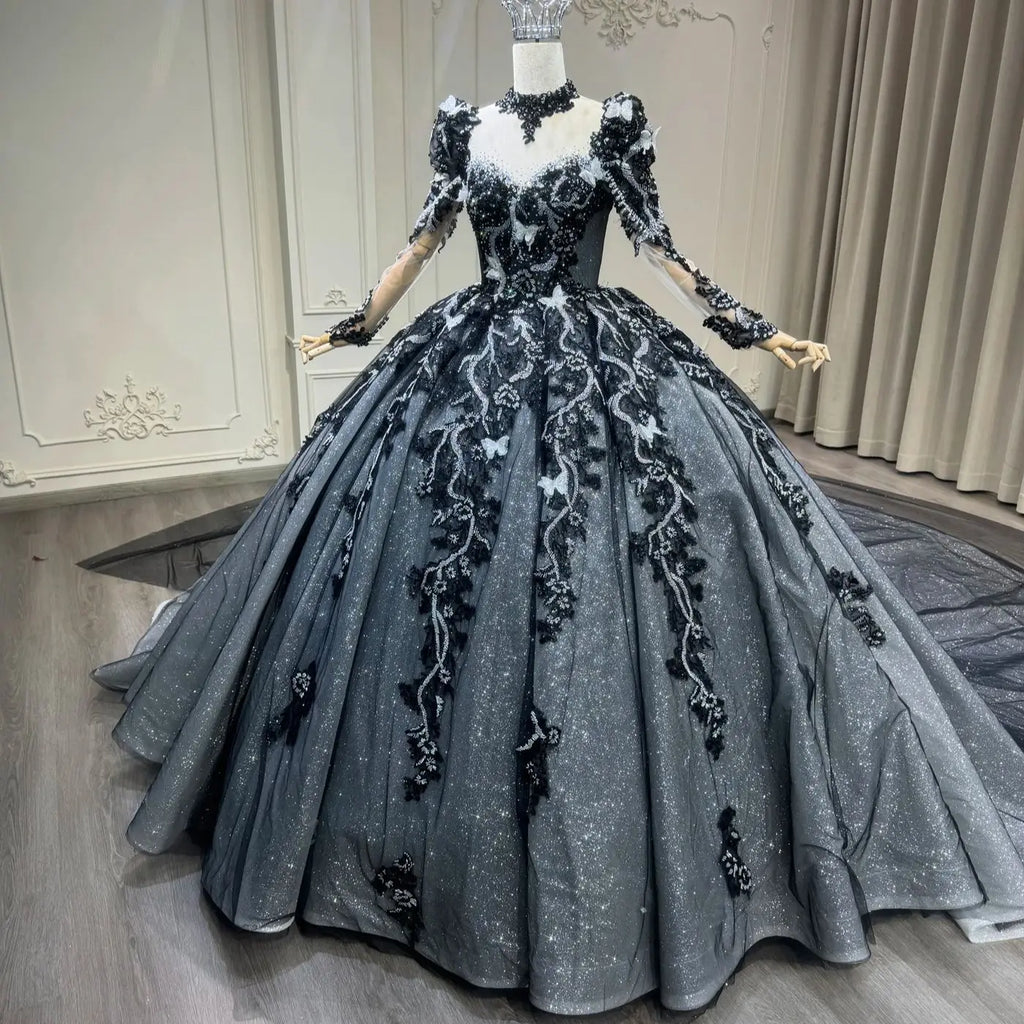 Customized 100% Real Photos 2026 New Long Sleeved Slimming Bridal Black Wedding Dress, Bali Wedding Lawn Wedding Main Veil