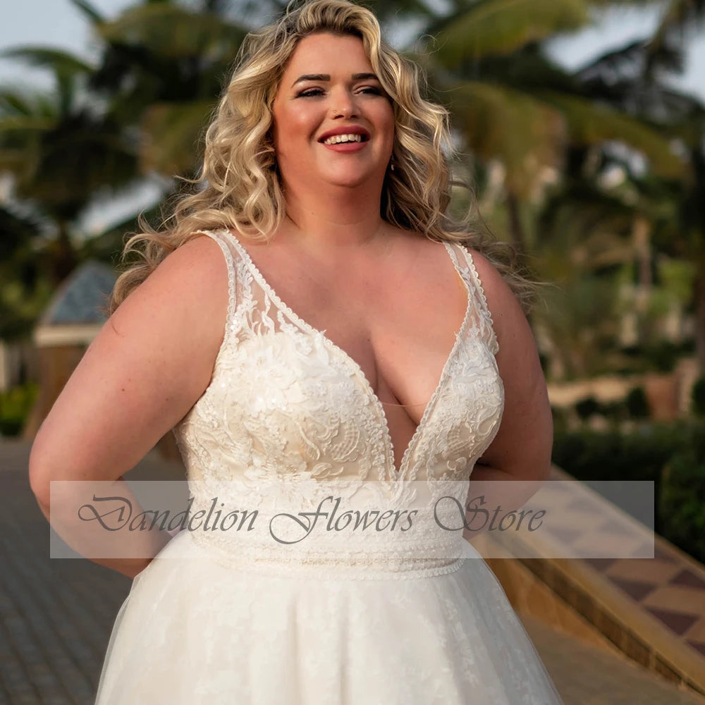 Sexy Wedding Dresses For Women Deep V-Neck Empire Lace Up Bride Gowns Tulle With Lace Applique A-Line Vestido De Roiva Plus Size