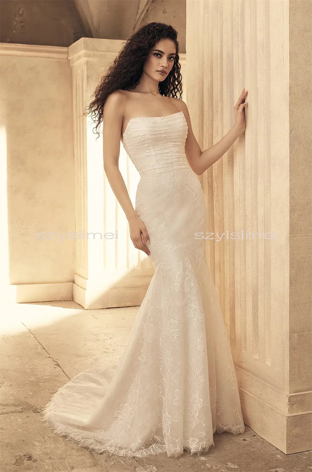 Lace Mermaid Wedding Dresses Strapless Wedding Gown Back Zipper With Buttons Custom Made Vestido De Noiva 2026