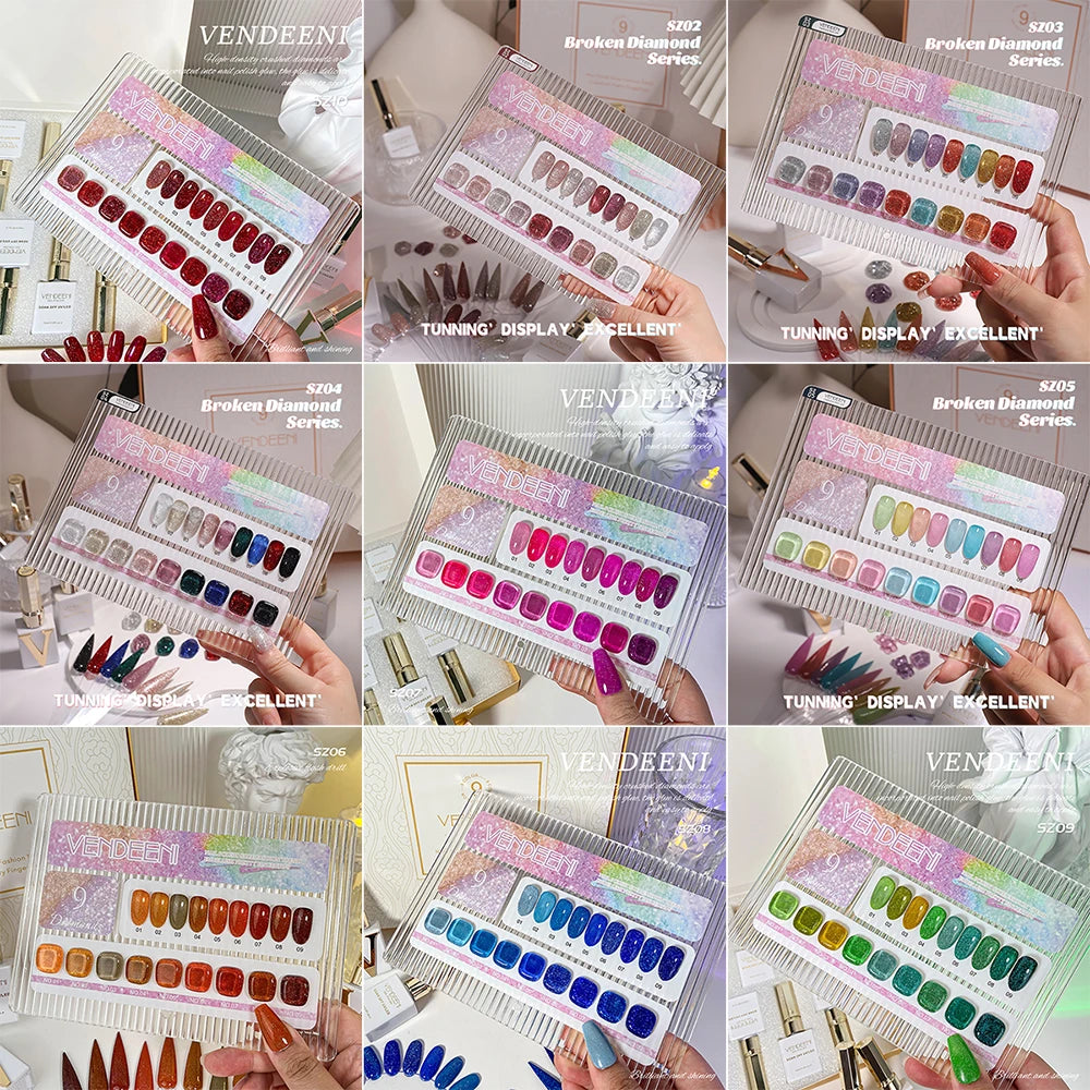 Vendeeni 9 Colors/Set Glitter Broken Diamond Gel Nail Polish UV LED Soak Off Gel Lacquer Green Purple Red Flash Gel With Display