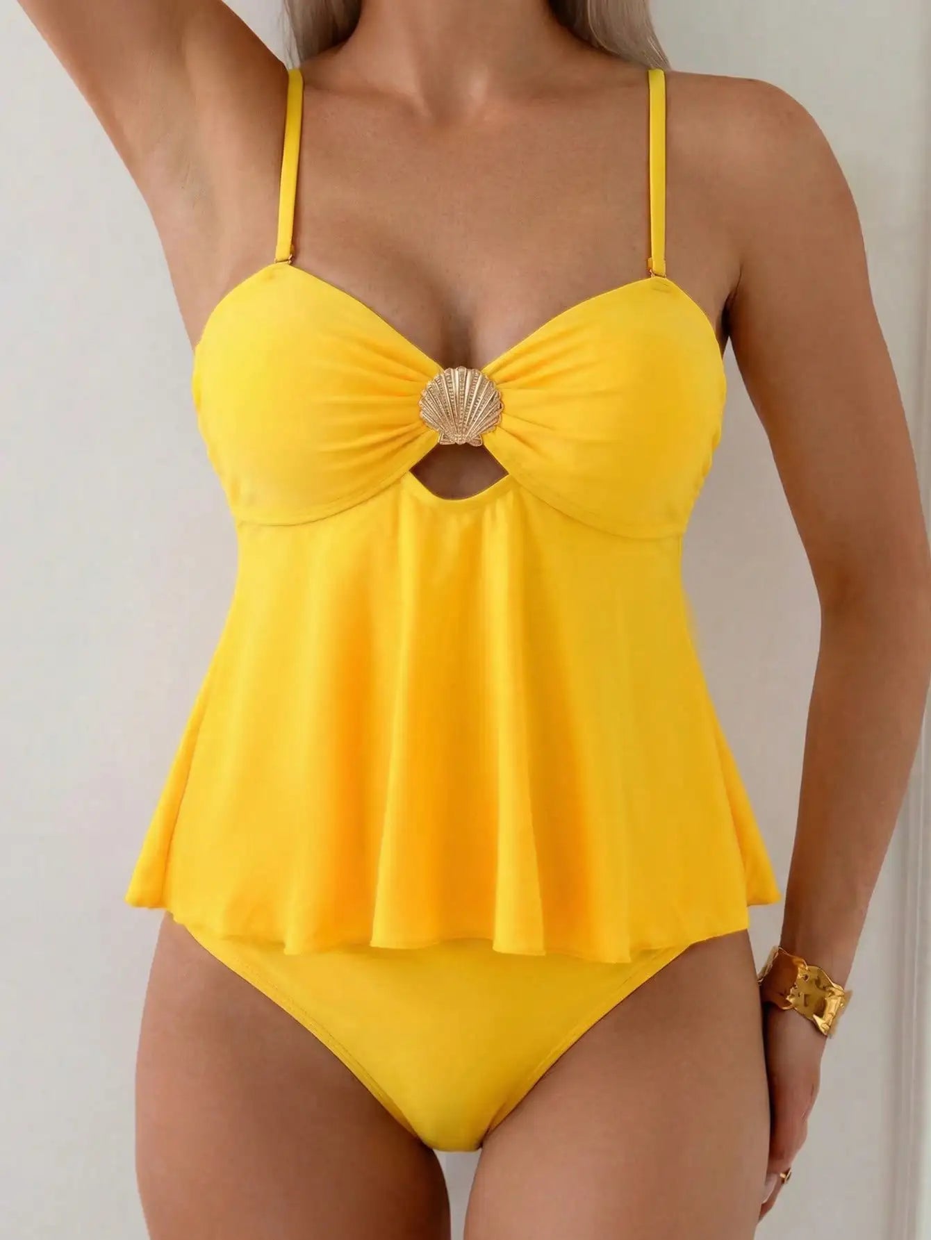 Elegant Brown Shell Beaded Tankini Set For Women Beach Vacation Swimwear