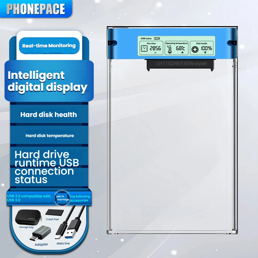 USB3.2 Interface High-Speed Transmission 2.5 Inch Mobile Hard Drive Enclosure  Supports Mechanical with Digital Display