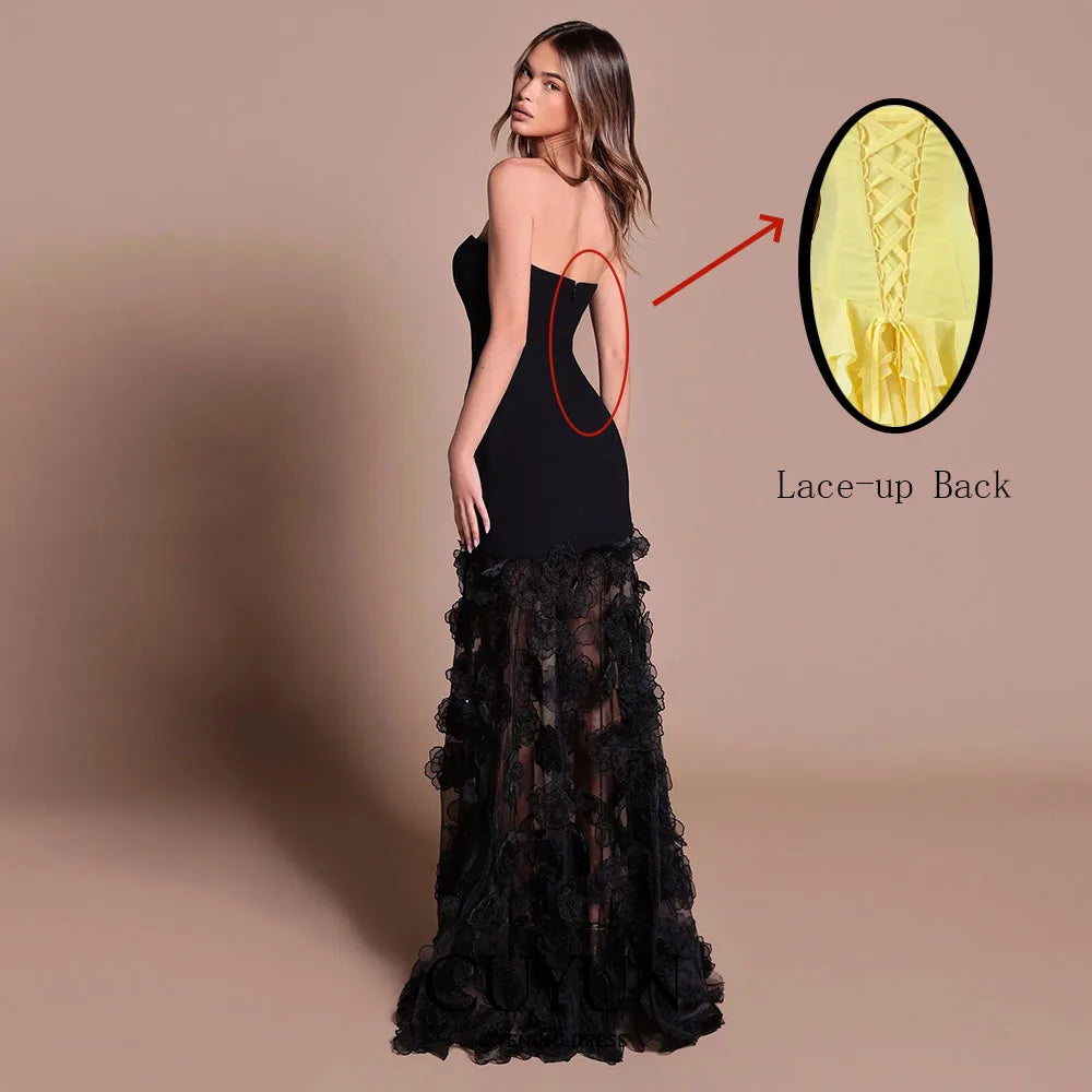 CUYUN Customized Luxury Flowers Prom Dresses Black Strapless Corset Back Evening Gown for Special Occasion Long Party Gown