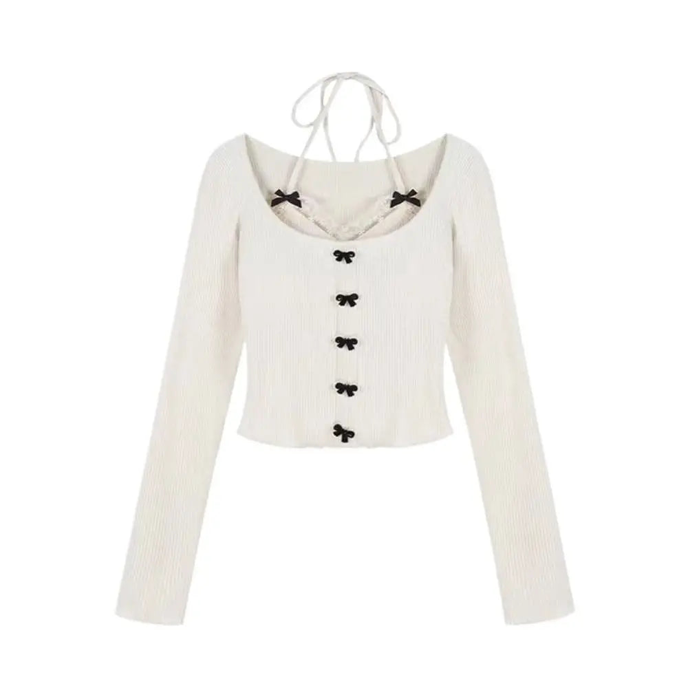 Lace Tied Up Long Sleeved T Shirts Thin Strap Korean Style Y2k Slim Neck Hanging Tank Top Suspender Bras Slim Fit