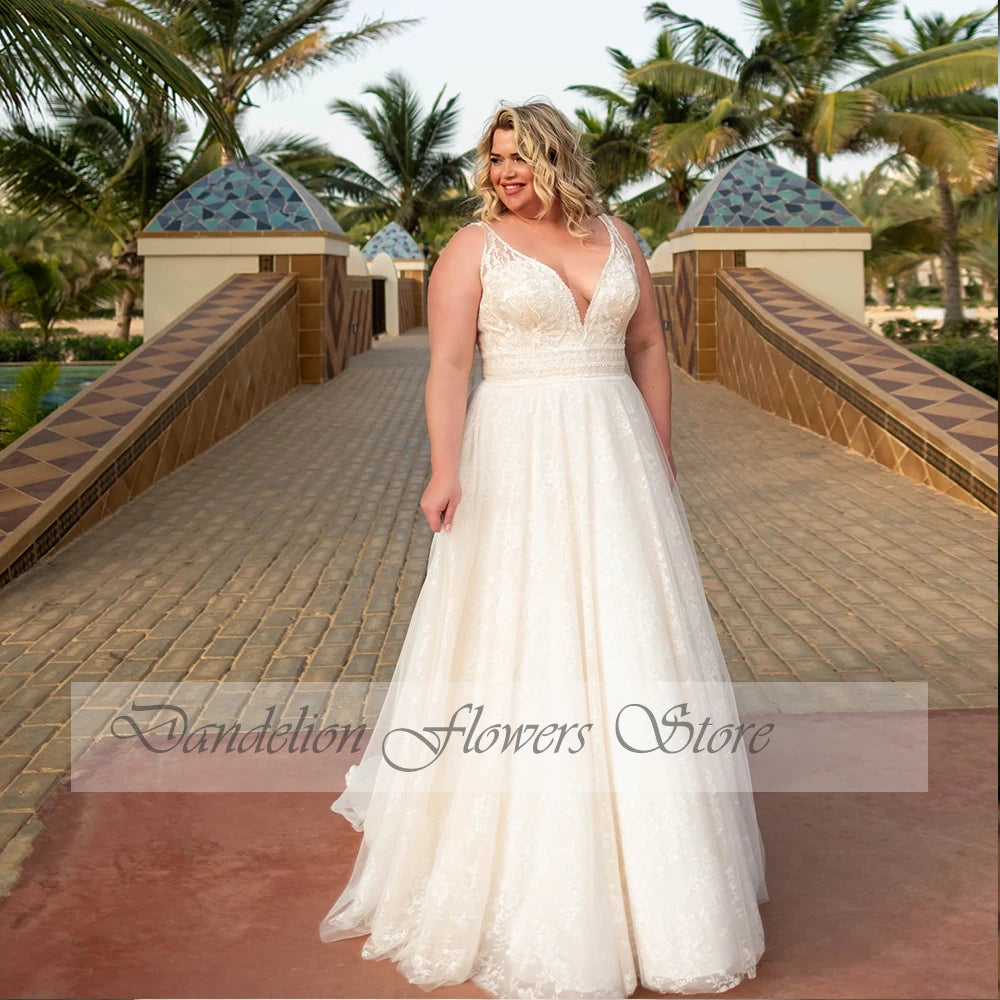 Sexy Wedding Dresses For Women Deep V-Neck Empire Lace Up Bride Gowns Tulle With Lace Applique A-Line Vestido De Roiva Plus Size