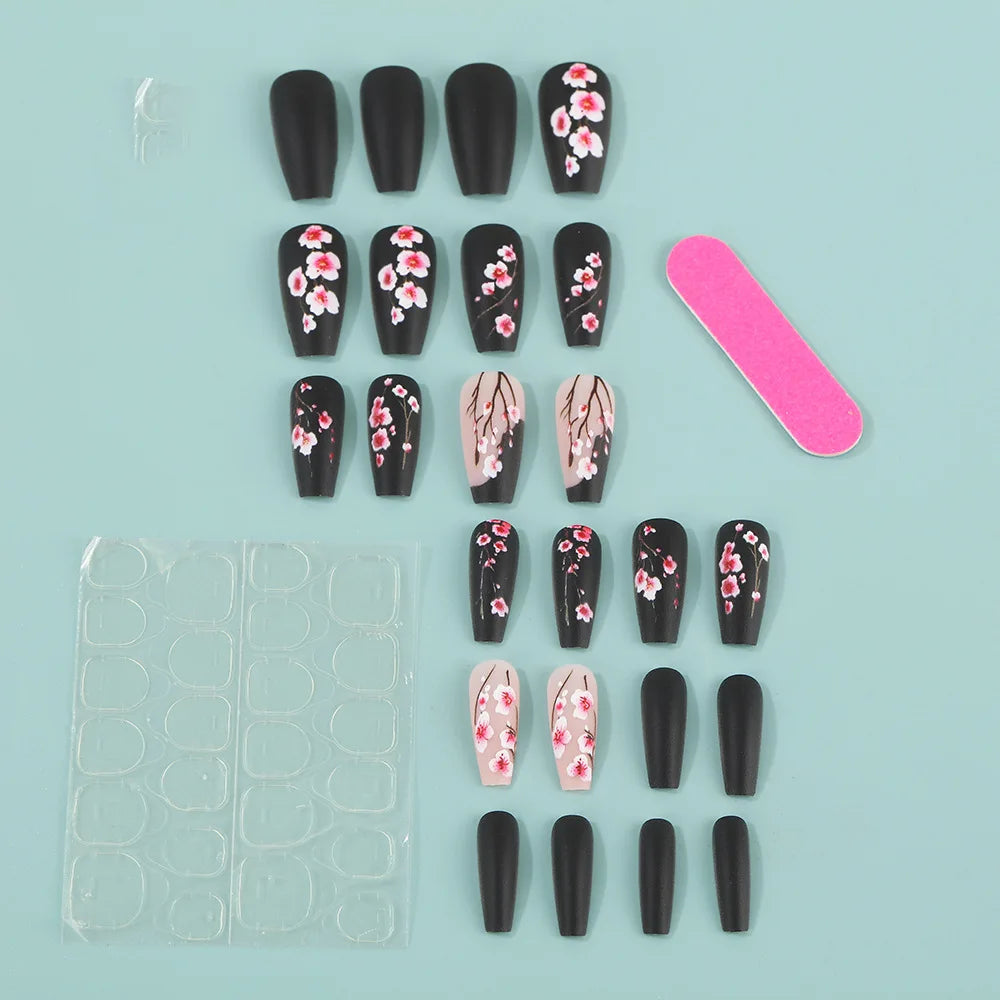 24PCS Gentle Matte Cherry Blossom Fake Nails Ballet Press on Nails Hand Painted European American Design Ins Style False Nails