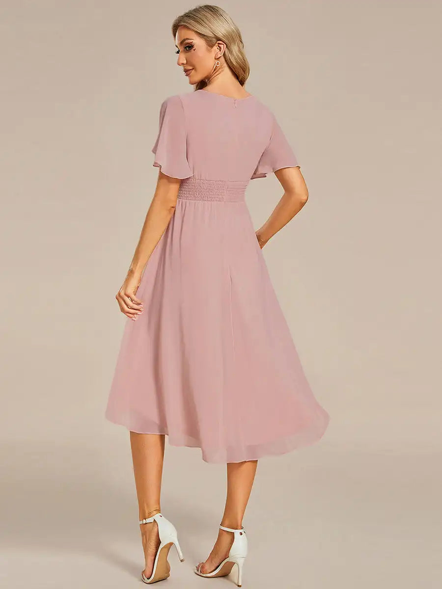 BAZIIINGAAA Party Dress Graceful Lotus Leaf Pleated A-Line Knee Length Wedding Guest Dress Evening Dress