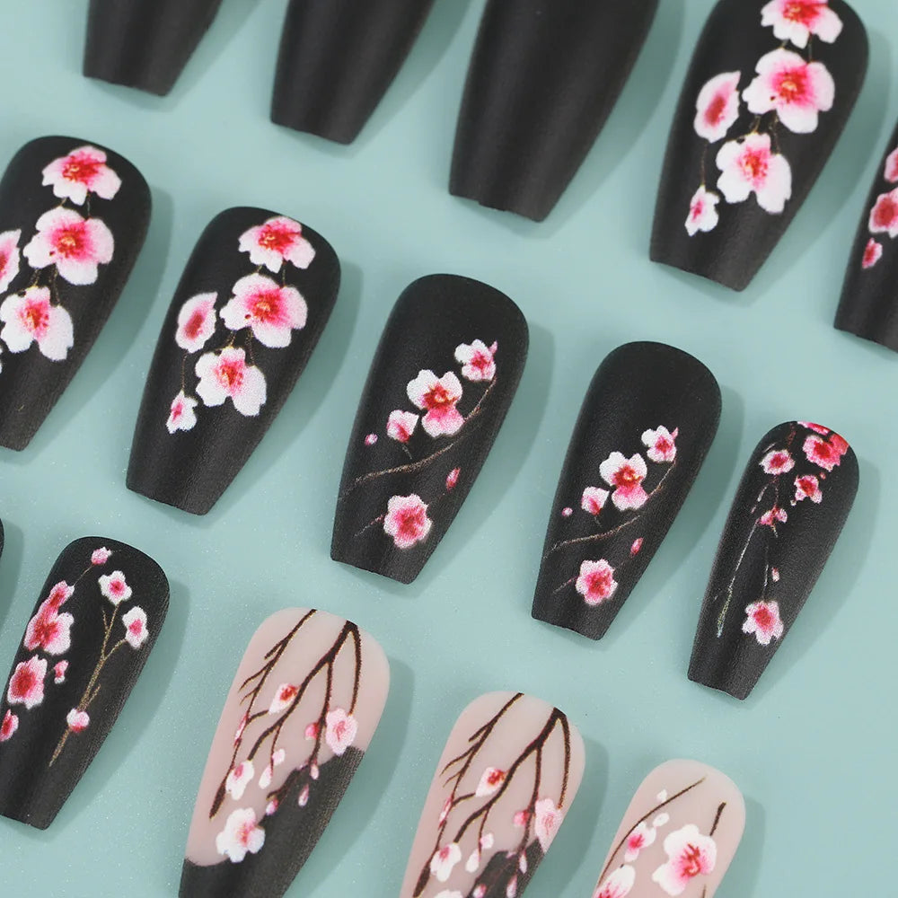 24PCS Gentle Matte Cherry Blossom Fake Nails Ballet Press on Nails Hand Painted European American Design Ins Style False Nails