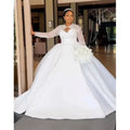 Customized 2026 Large Skirt Wedding Dress Brown Skin Satin Long Sleeved Pearl Lace Puffy Dress Vestido De Novia Wedding Dress
