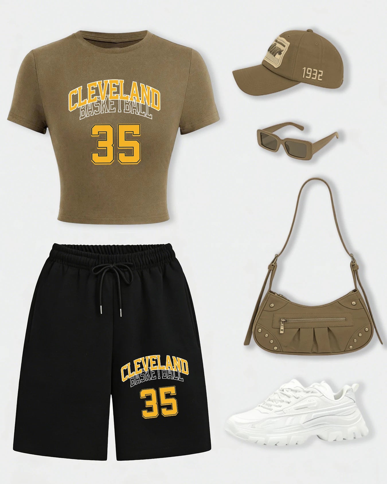 Cleveland Basketball 35 Women Crop T Shirts Set Casual Cotton T-Shirt Drawstring Summer Pocket Pant Wide-Leg Short Pants
