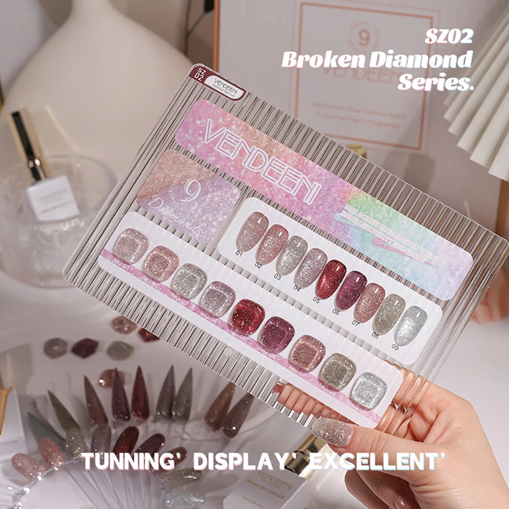 Vendeeni 9 Colors/Set Glitter Broken Diamond Gel Nail Polish UV LED Soak Off Gel Lacquer Green Purple Red Flash Gel With Display