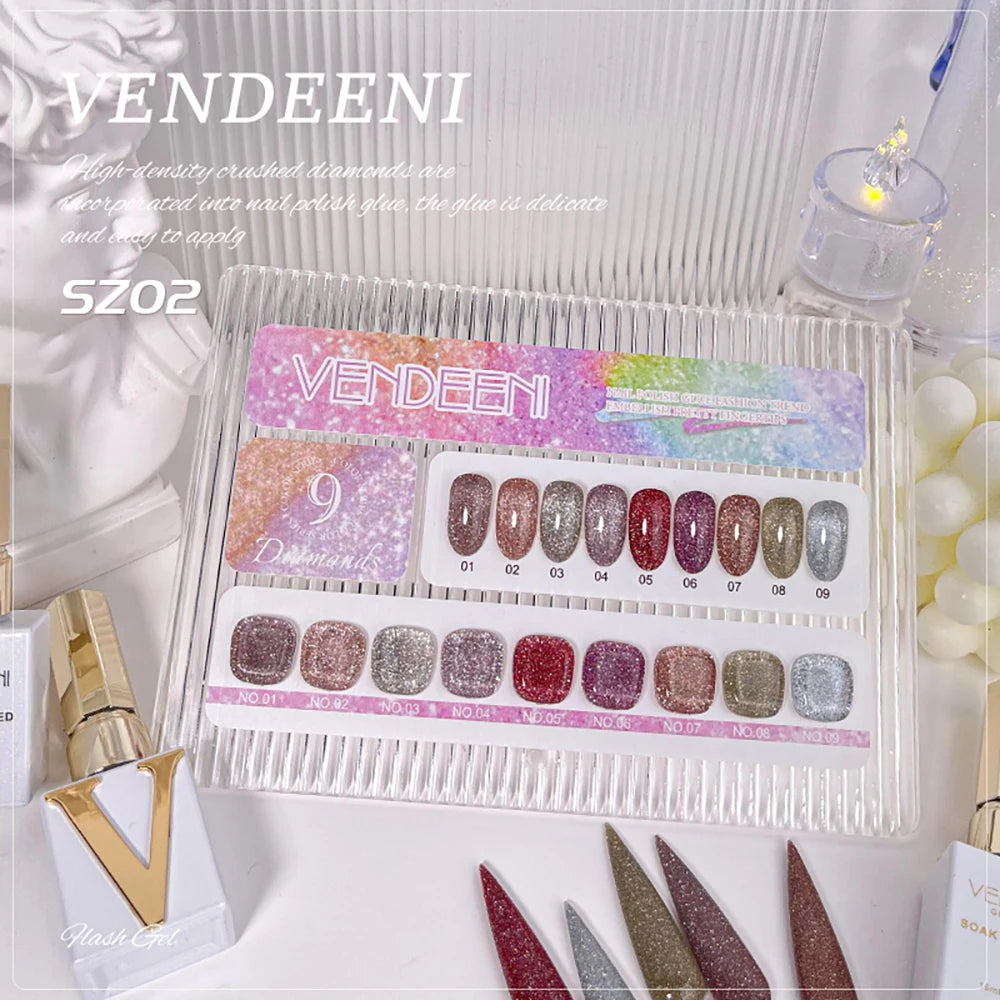 Vendeeni 9 Colors/Set Glitter Broken Diamond Gel Nail Polish UV LED Soak Off Gel Lacquer Green Purple Red Flash Gel With Display